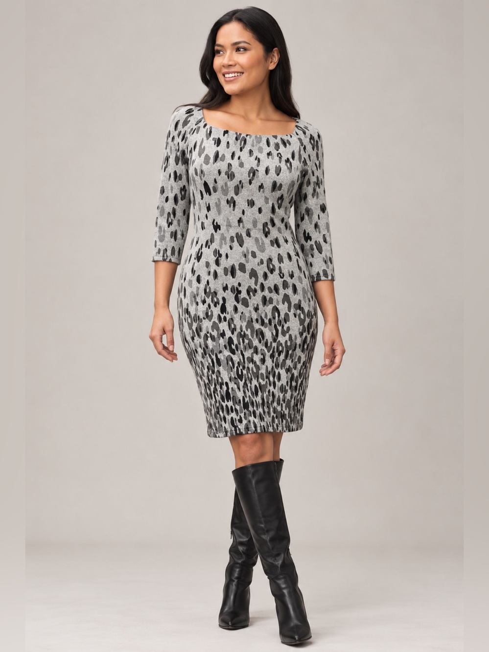 Jonathan Martin Gray Animal Print 3/4 Sleeve Stretch Dress Size 10